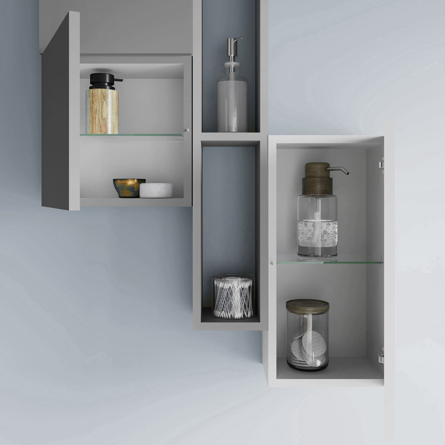  Mobile bagno con lavabo d'appoggio in ceramica e specchio cm 80 rovere fossile e blu pastello opaco- Cubi&Co modello Destiny 2 by CeramicStore | Lo specialista del tuo bagno