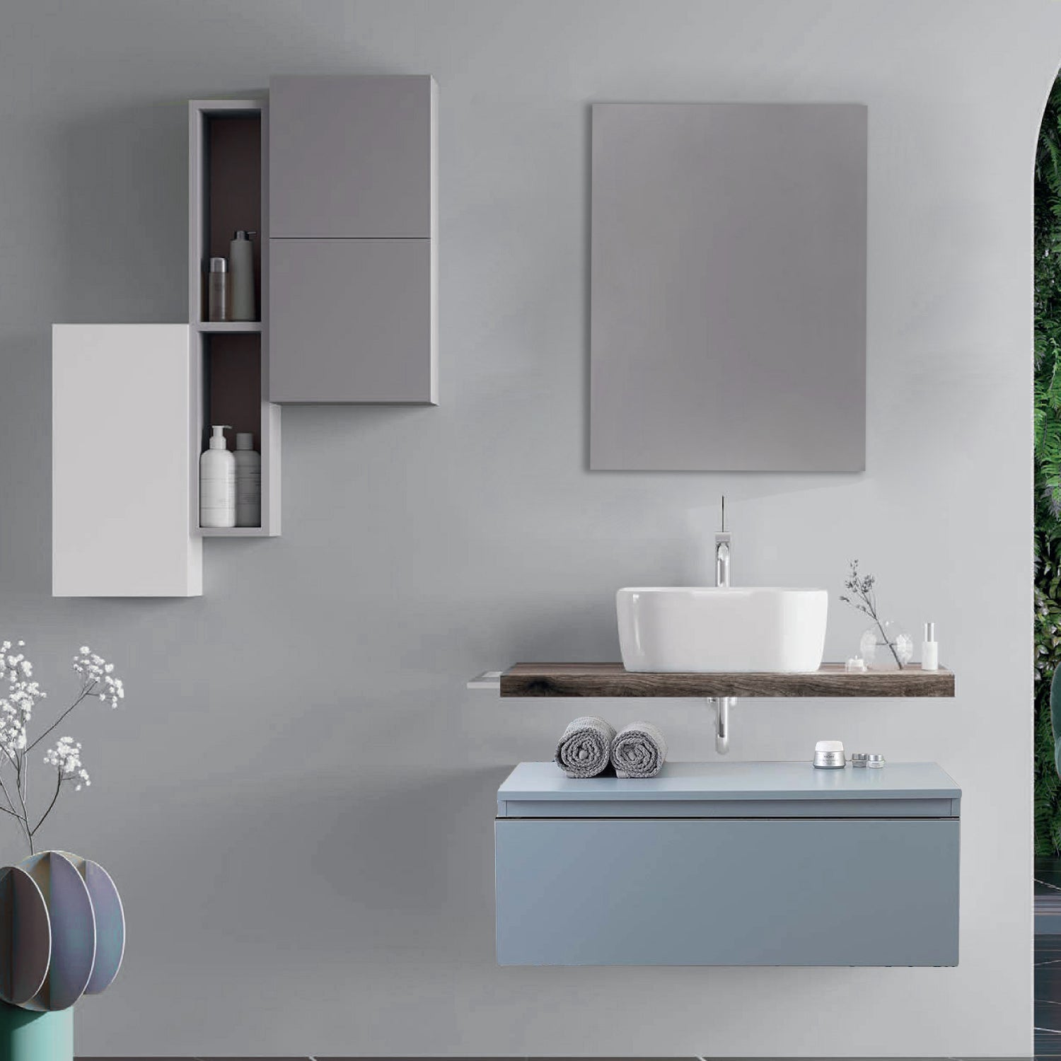  Mobile bagno con lavabo d'appoggio in ceramica e specchio cm 80 rovere fossile e blu pastello opaco- Cubi&Co modello Destiny 2 by CeramicStore | Lo specialista del tuo bagno