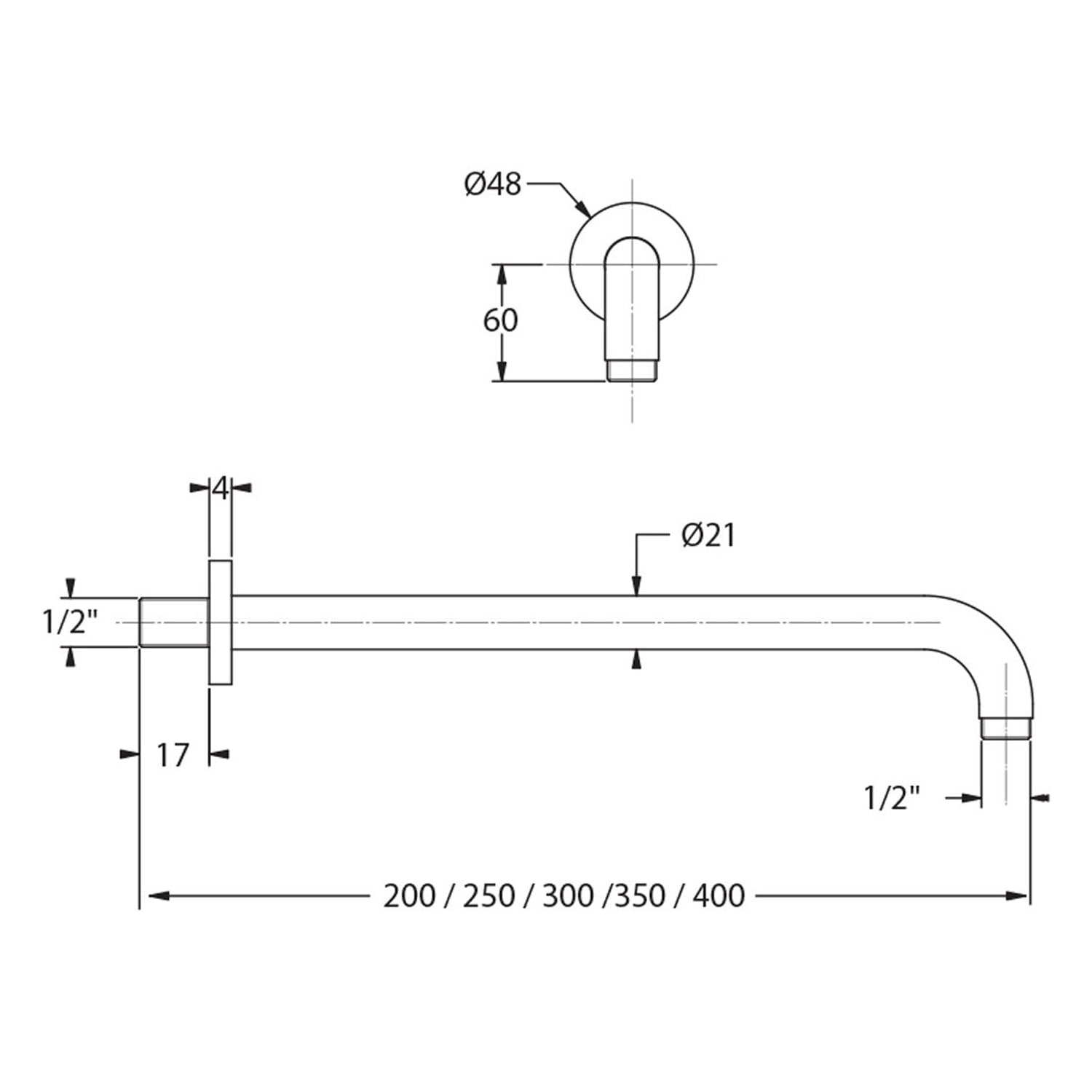  Braccio doccia in acciaio 21mm lunghezza 250mm by CeramicStore | Lo specialista del tuo bagno