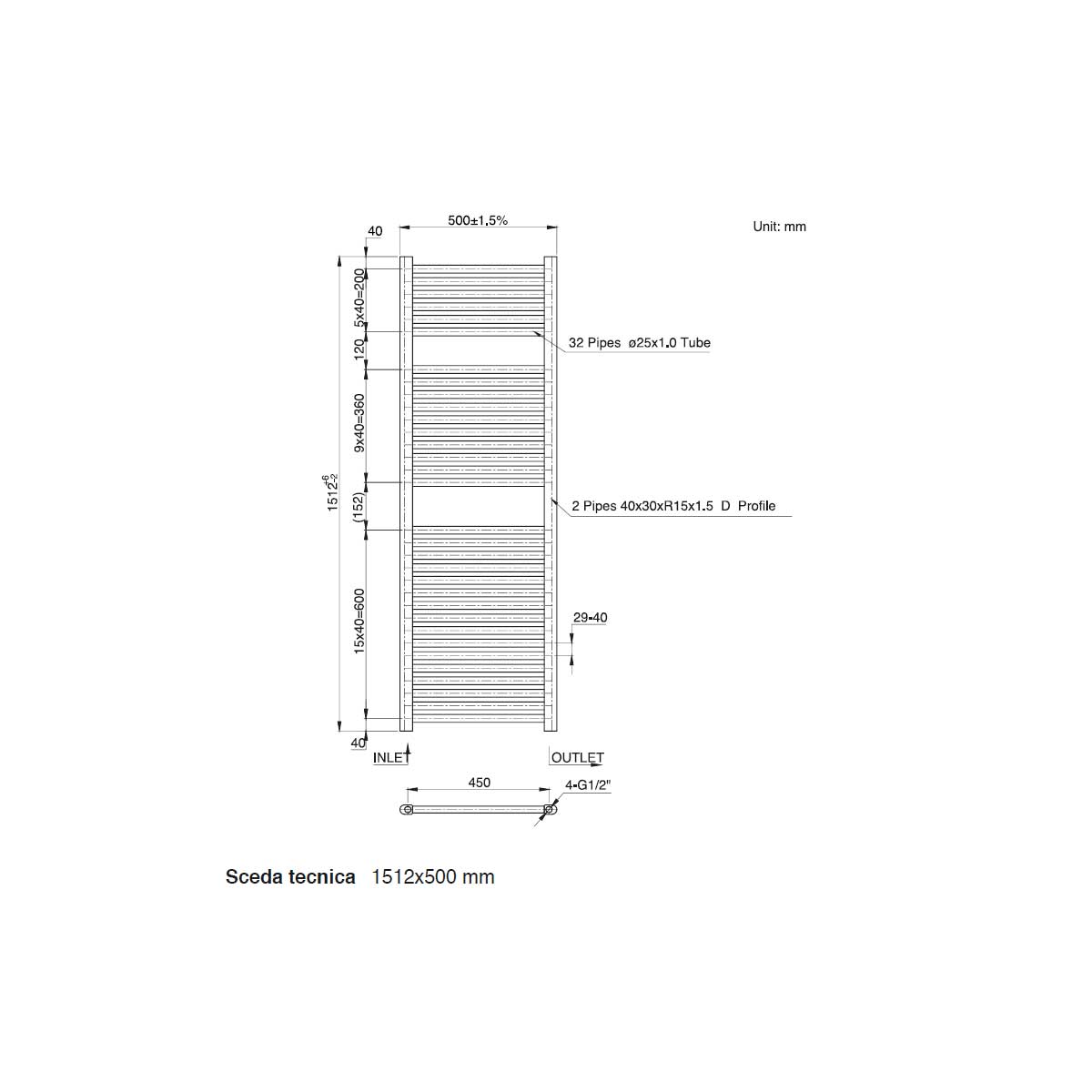  Termoarredo scaldasalviette da bagno idraulico 1510x500 mm interasse 450 mm in acciaio Verniciato Bianco by CeramicStore | Lo specialista del tuo bagno