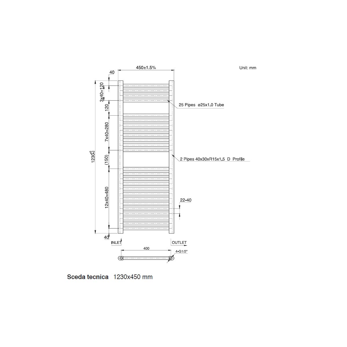  Termoarredo scaldasalviette da bagno idraulico 1230x450 mm interasse 400 mm in acciaio Verniciato Nero by CeramicStore | Lo specialista del tuo bagno