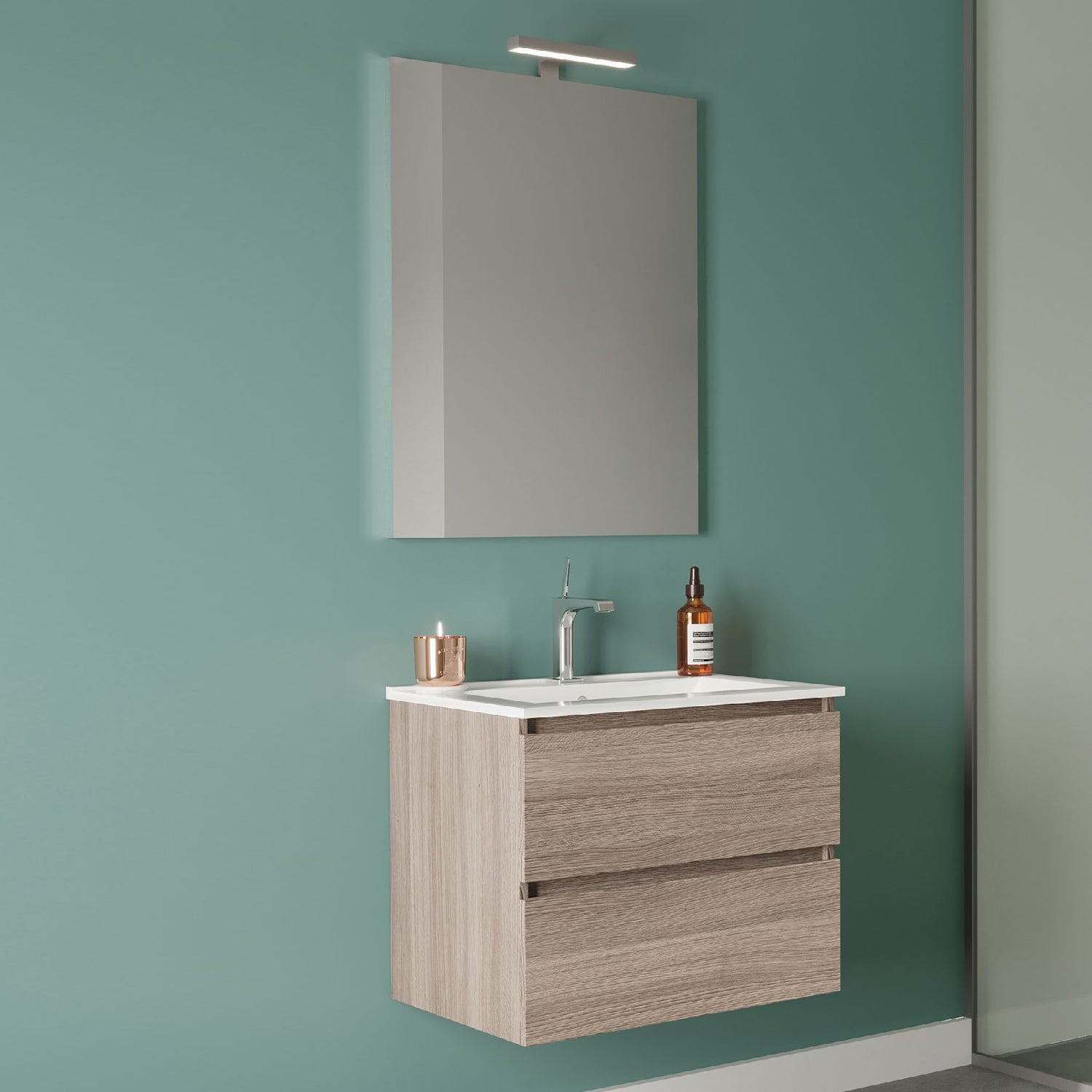 Mobile bagno con lavabo in ceramica specchio e lampada cm 60 colore Rovere Fumo - Cubi&Co modello Symmetry Classic 1 by CeramicStore | Lo specialista del tuo bagno