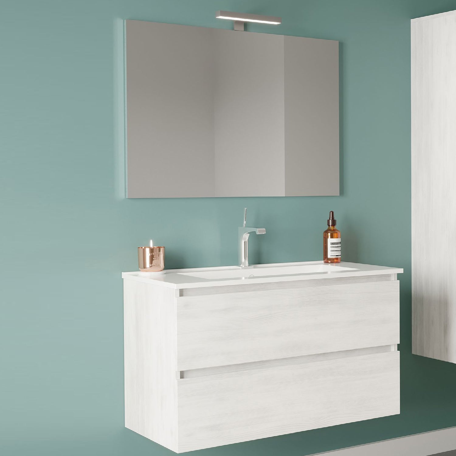  Mobile bagno con lavabo in ceramica specchio e lampada cm 80 colore Rovere Bianco- Cubi&Co modello Symmetry Classic 2 by CeramicStore | Lo specialista del tuo bagno