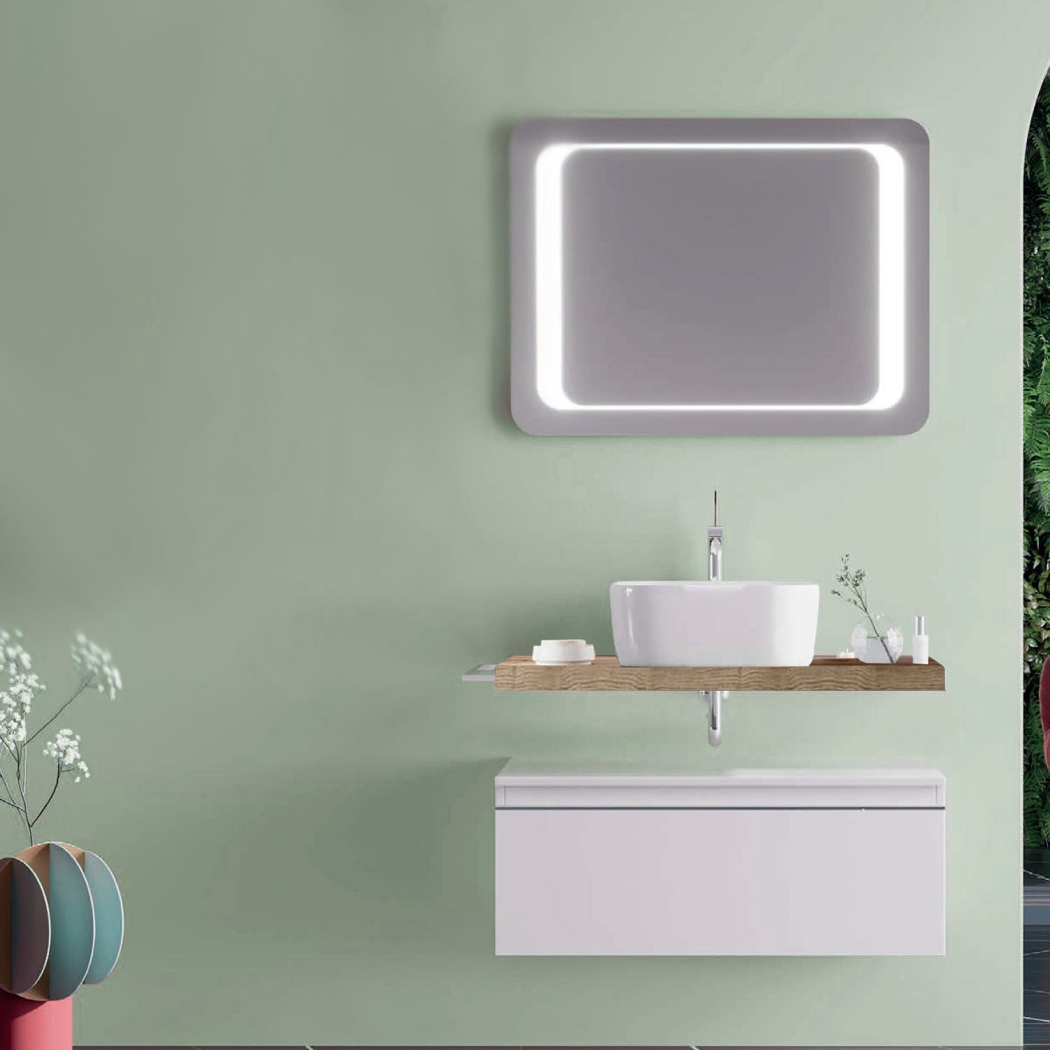 Mobile bagno con lavabo d'appoggio in ceramica e specchio led cm 80 rovere naturale e bianco opaco- Cubi&Co modello Destiny 2 by CeramicStore | Lo specialista del tuo bagno