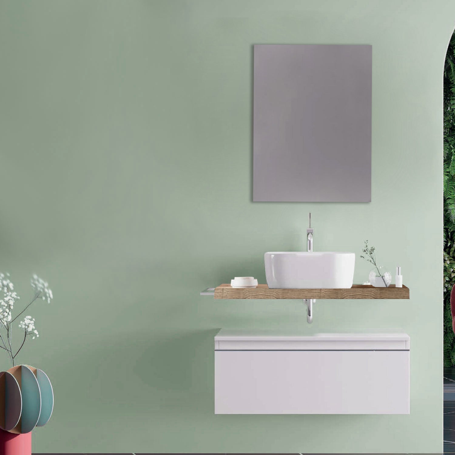 Mobile bagno con lavabo d'appoggio in ceramica e specchio cm 80 rovere naturale e bianco opaco - Cubi&Co modello Destiny 2 by CeramicStore | Lo specialista del tuo bagno
