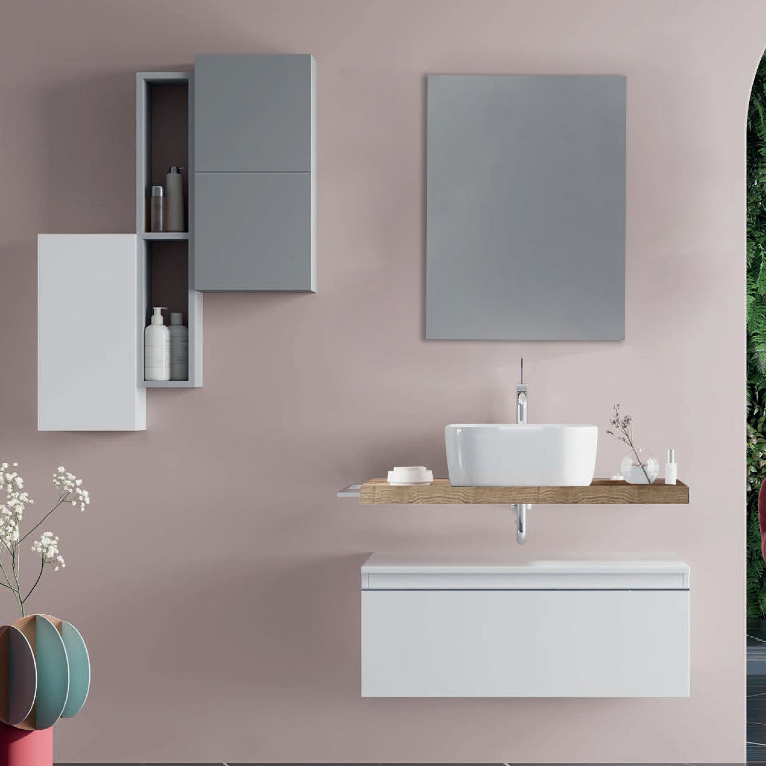  Mobile bagno con lavabo d'appoggio in ceramica e specchio cm 80 rovere naturale e bianco lucido - Cubi&Co modello Destiny 2 by CeramicStore | Lo specialista del tuo bagno