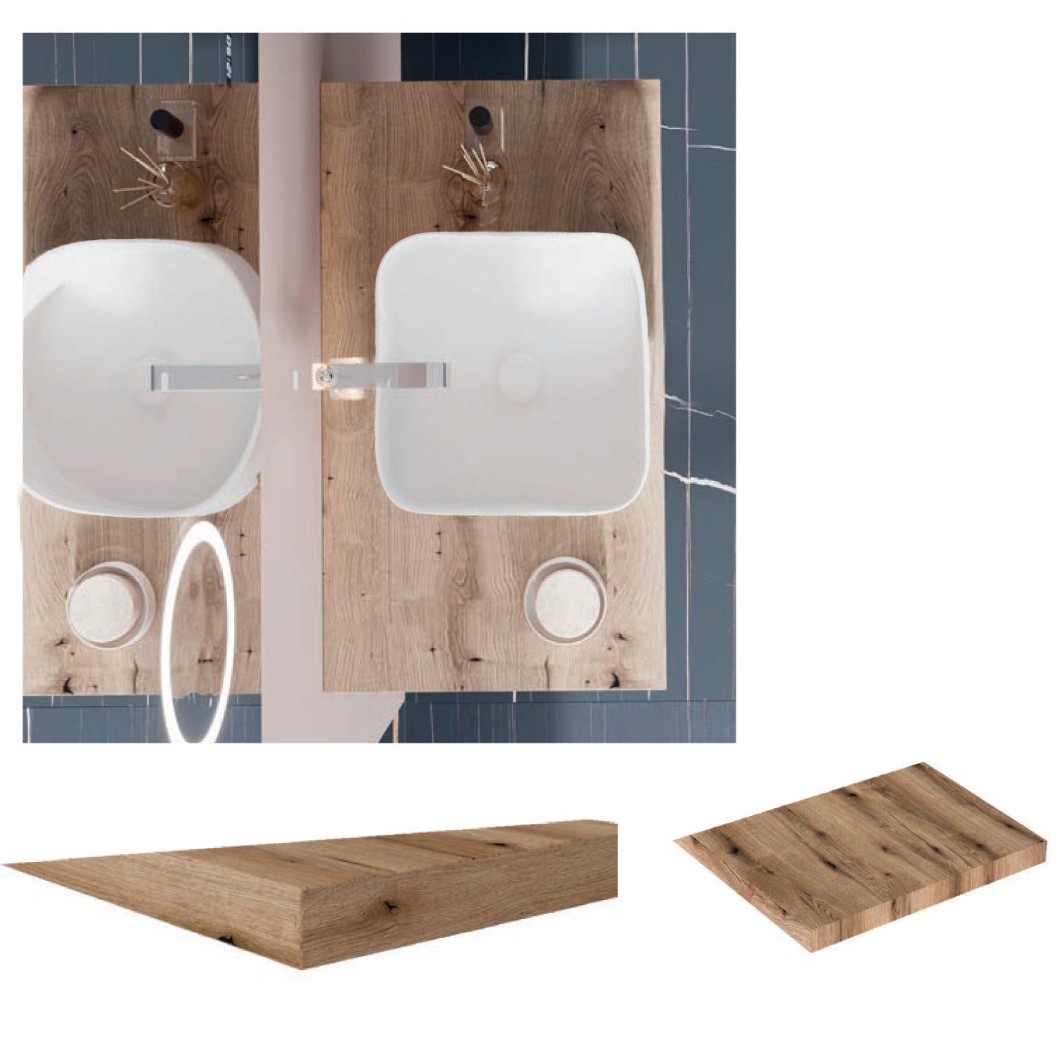  Mobile bagno con lavabo d'appoggio in ceramica e specchio cm 80 rovere naturale e bianco lucido - Cubi&Co modello Destiny 2 by CeramicStore | Lo specialista del tuo bagno