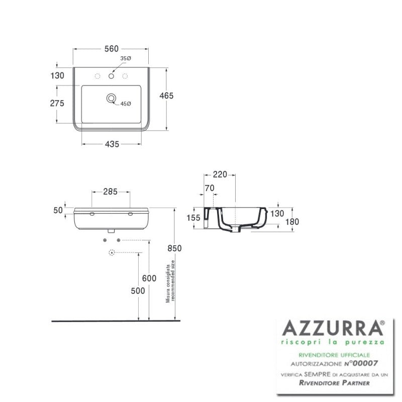 Lavabo sospeso/da appoggio 55 cm Azzurra Charme stile classico ceramica monoforo 7