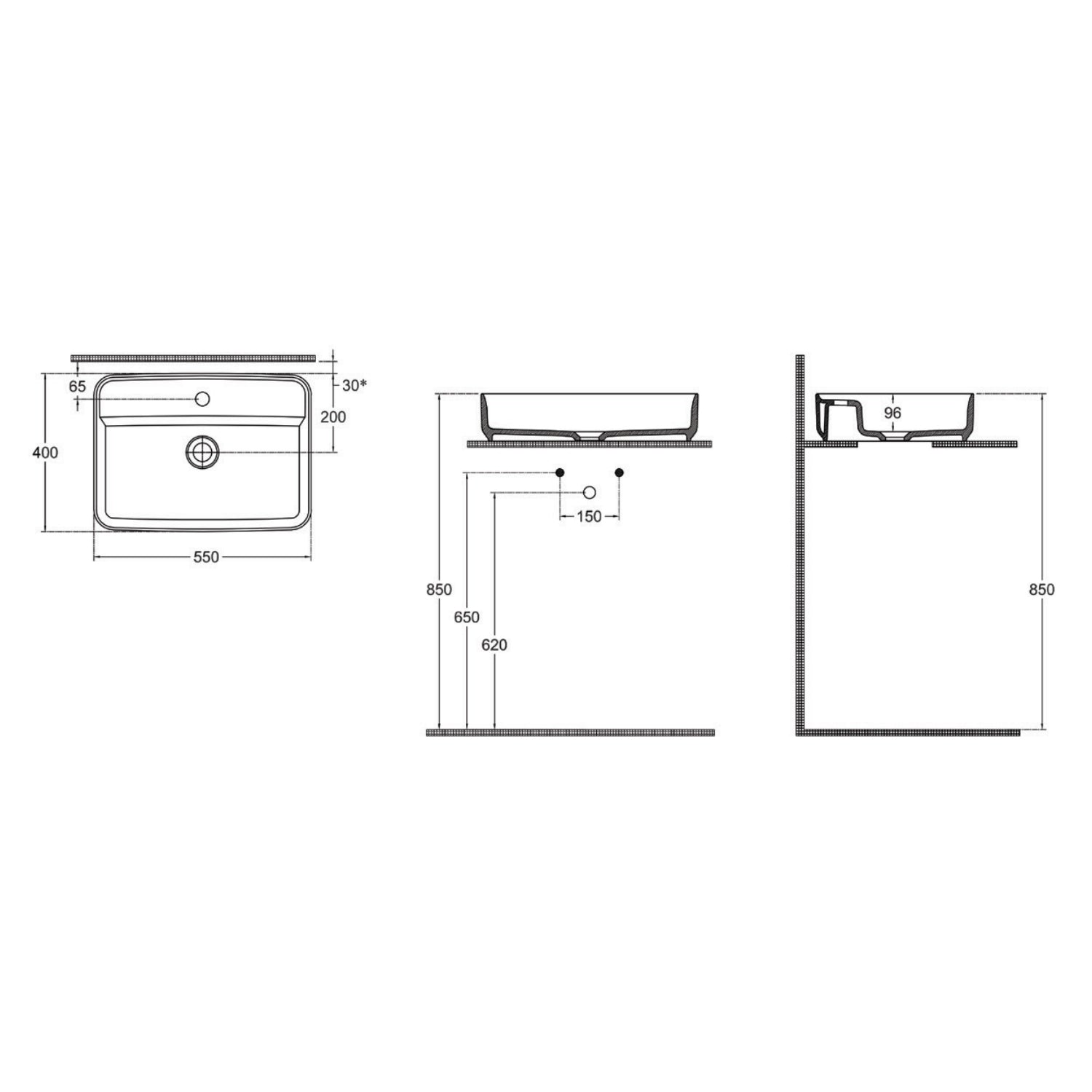  Lavabo d'appoggio rettangolare con foro BathCore serie Infinity 55x40 color Bianco Lucido