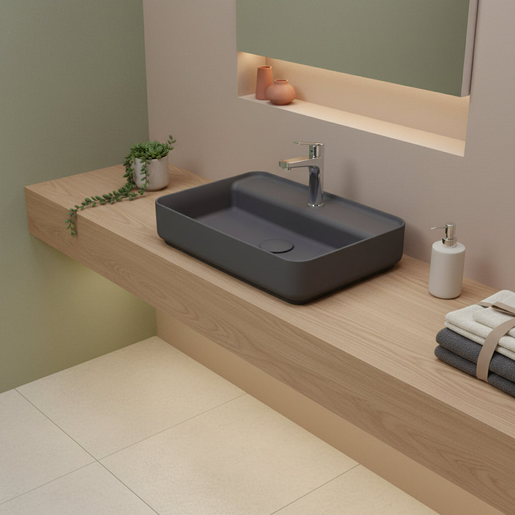 Lavabo d'appoggio rettangolare con foro BathCore serie Infinity 55x40 color Antracite Opaco