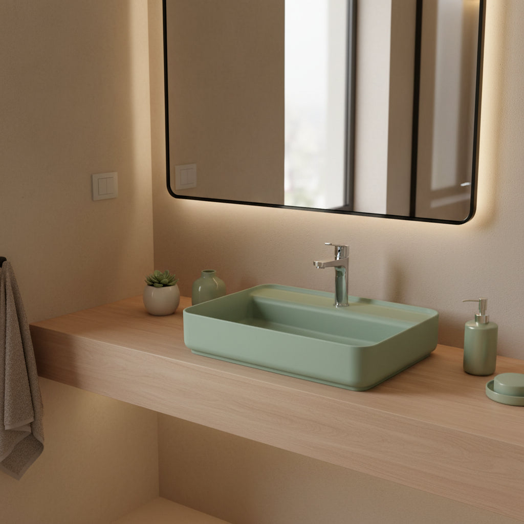 Lavabo d'appoggio rettangolare con foro BathCore serie Infinity 55x40 color Menta Opaco