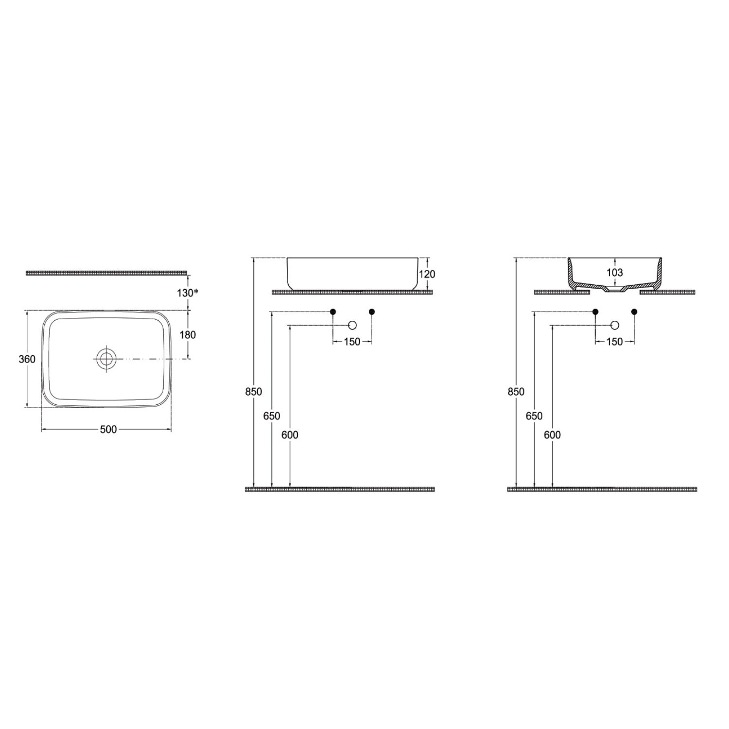 Lavabo d'appoggio rettangolare senza foro BathCore serie Infinity 50x36 color Blu Opaco