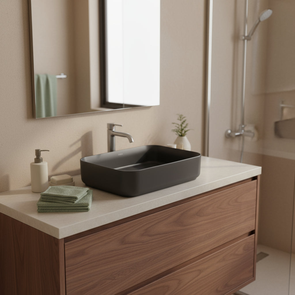 Lavabo d'appoggio rettangolare senza foro BathCore serie Infinity 50x36 color Antracite Opaco