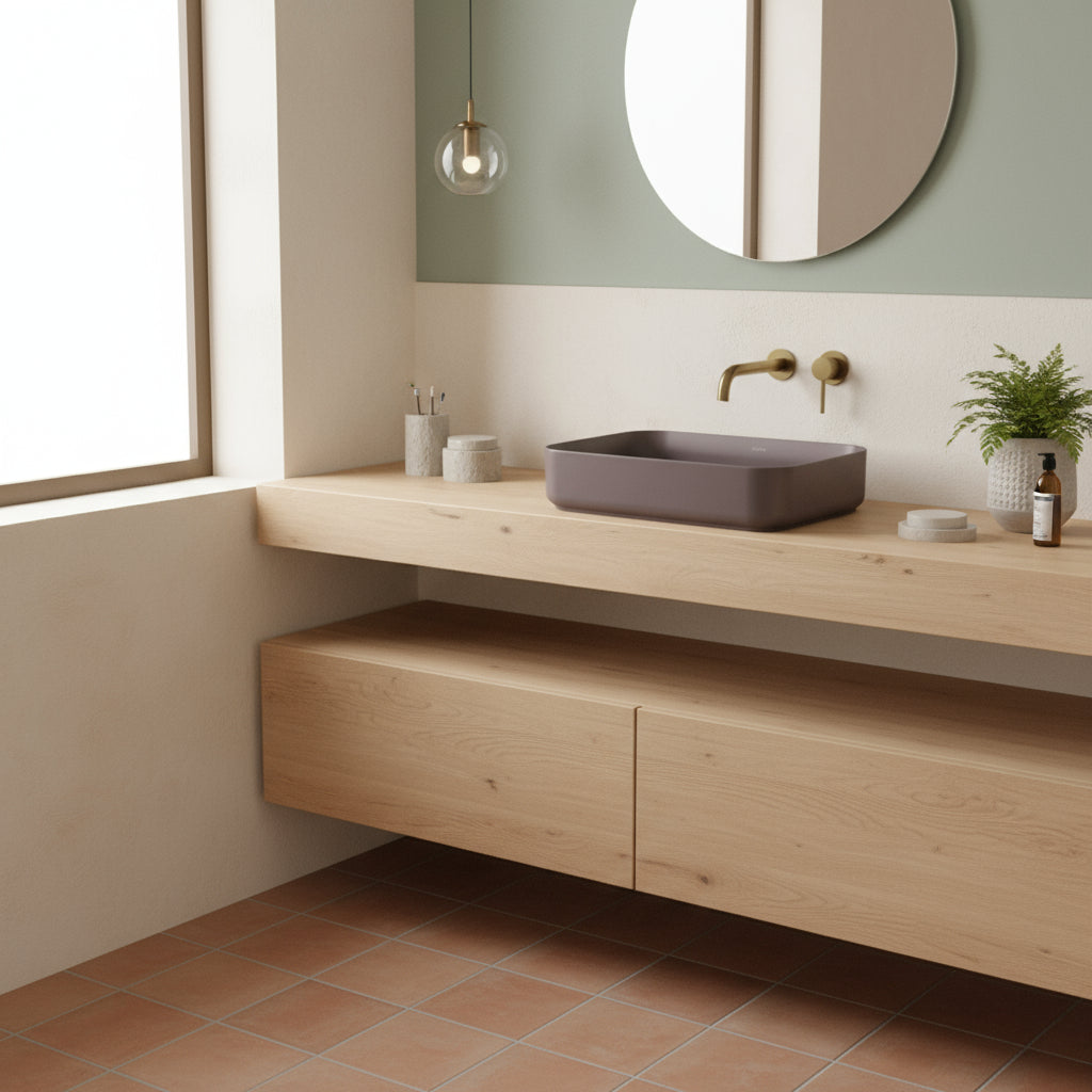 Lavabo d'appoggio rettangolare senza foro BathCore serie Infinity 50x36 color Tortora Opaco