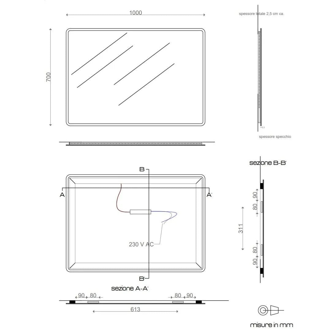  Specchio cornice led rettangolare ad angoli smussati 100x70 cm reversibile by CeramicStore | Lo specialista del tuo bagno