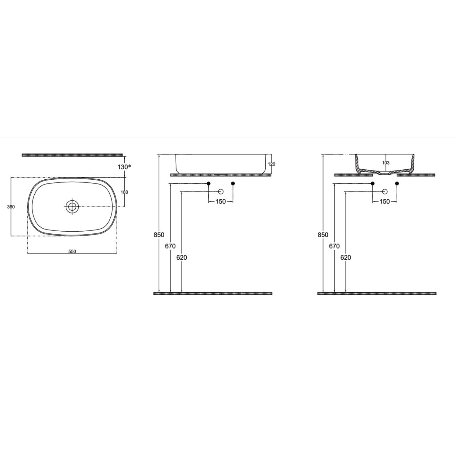 Lavabo da appoggio ovale BathCore Infinity 55x36 cm in ceramica bordo sottile 3