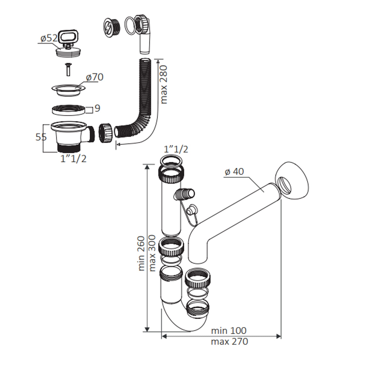 Kit di scarico per vasca singola con sifone e piletta attacco 1"1/2 2