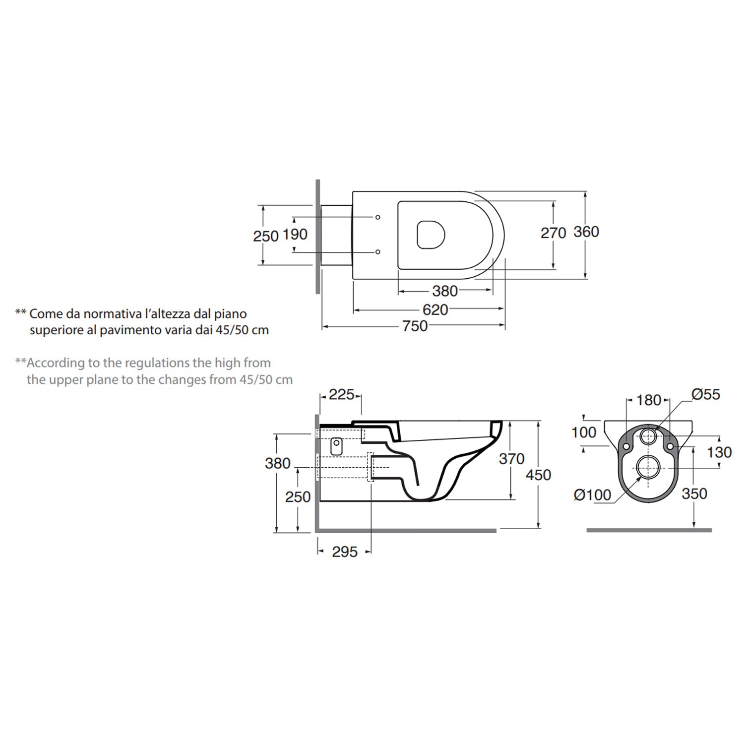  Vaso sospeso Thin di Azzurra Ceramica per diversamente abili 75Ã—36Ã—H37 cm - Bianco Lucido