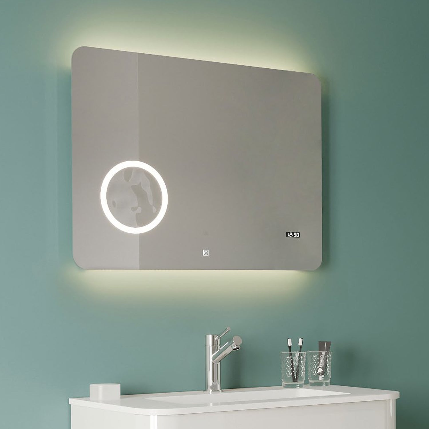 Specchio rettangolare touch dotato di orologio