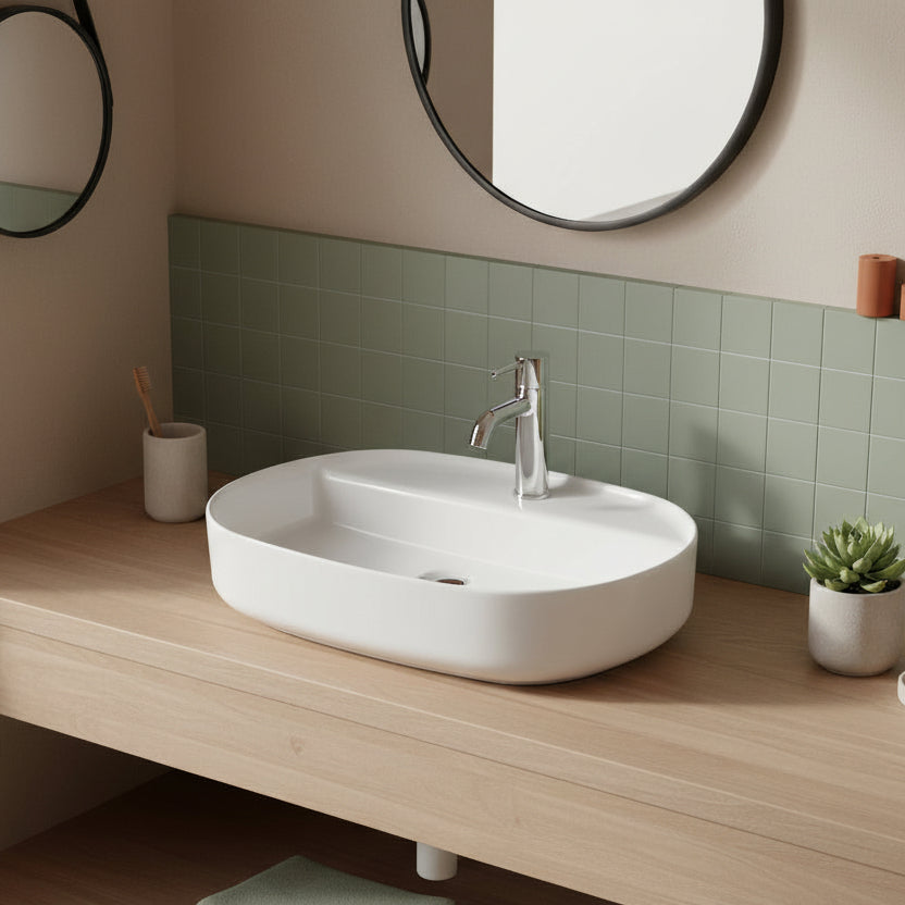 Lavabo d'appoggio ovale con foro BathCore serie Infinity 60x40 color Bianco Lucido