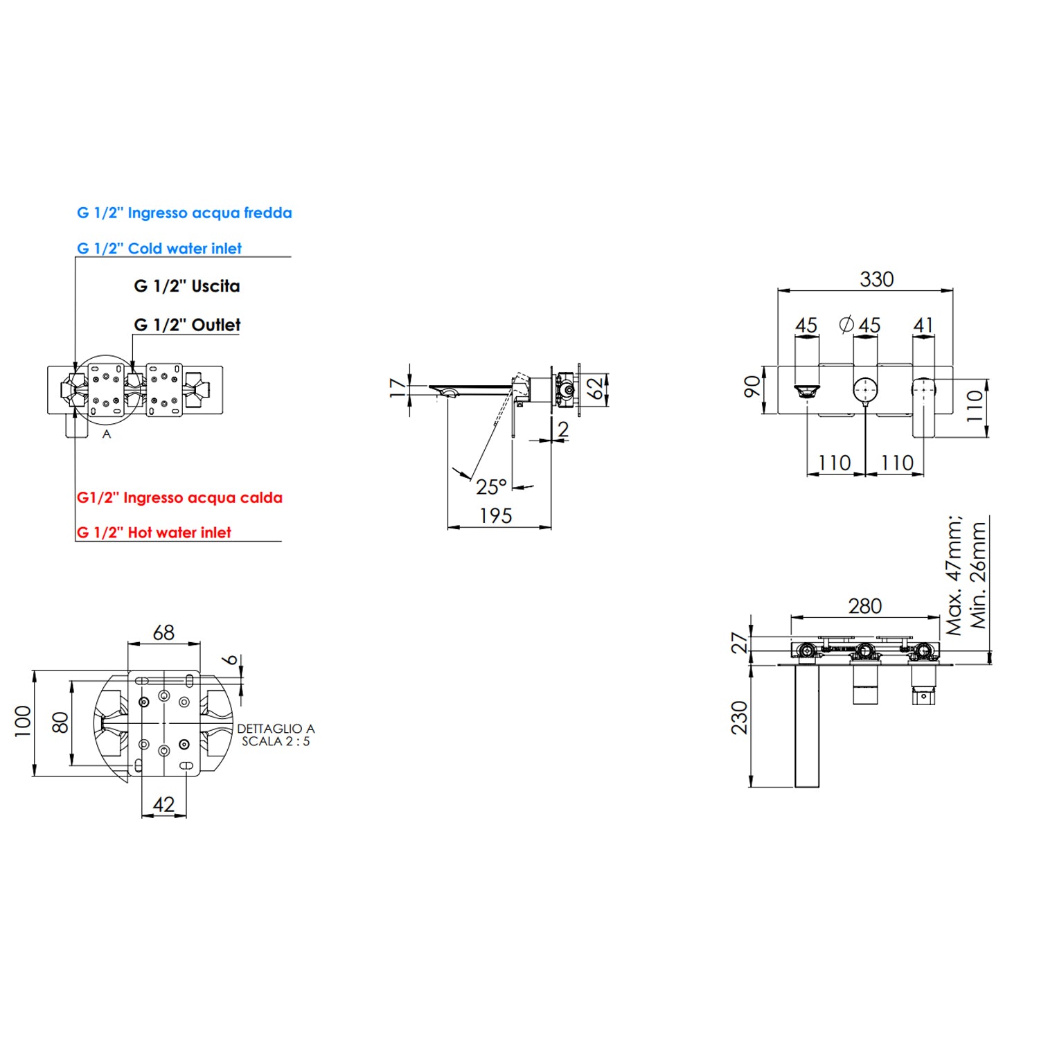 Set miscelatore a incasso a 2 vie vasca doccia Mariani serie Icon - Cromo 2