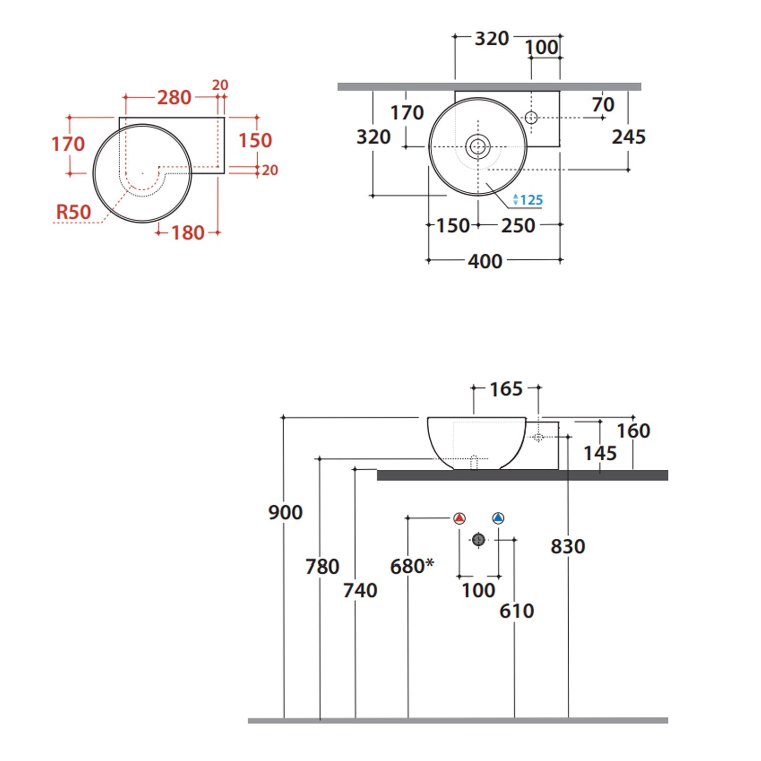  Lavabo asimmetrico per installazione sospesa o appoggio ceramica bianca Globo T-Edge cm 40x32