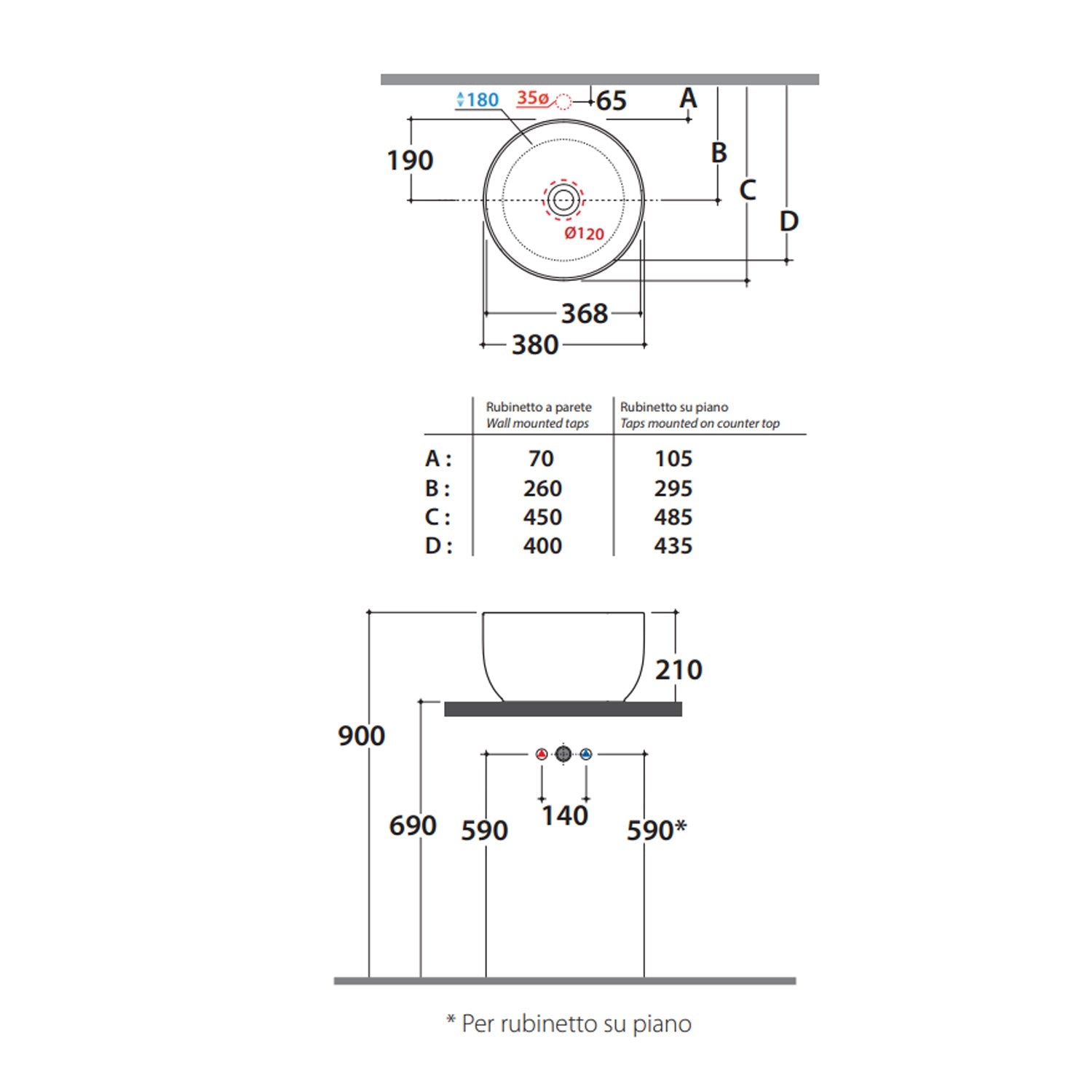  Lavabo per installazione da appoggio ceramica bianca Globo T-Edge diam. 38 cm