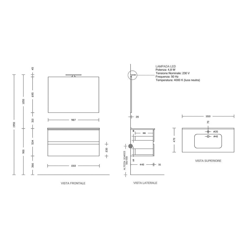Composizione bagno sospesa Cubi&Co serie Block con doppio cassetto, lavabo e specchio LED - varie finiture 9