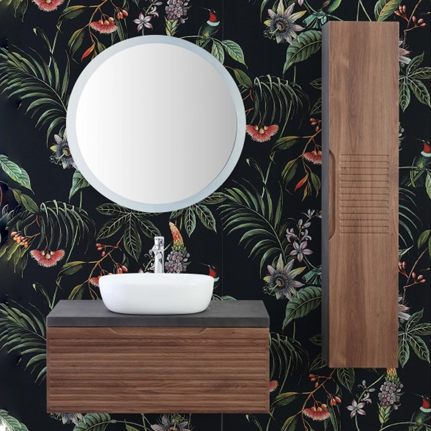 Composizione bagno sospesa Cubi&Co serie Mount 90 cm con lavabo in ceramica e specchio tondo - Noce canaletto 5