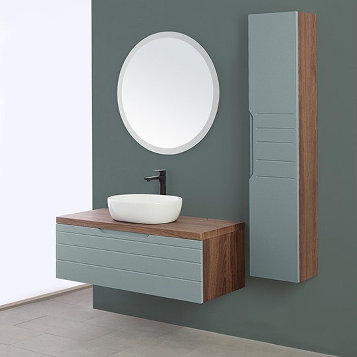 Composizione bagno sospesa Cubi&Co serie Hill 90 cm con lavabo in ceramica e specchio tondo - Verde salvia 4