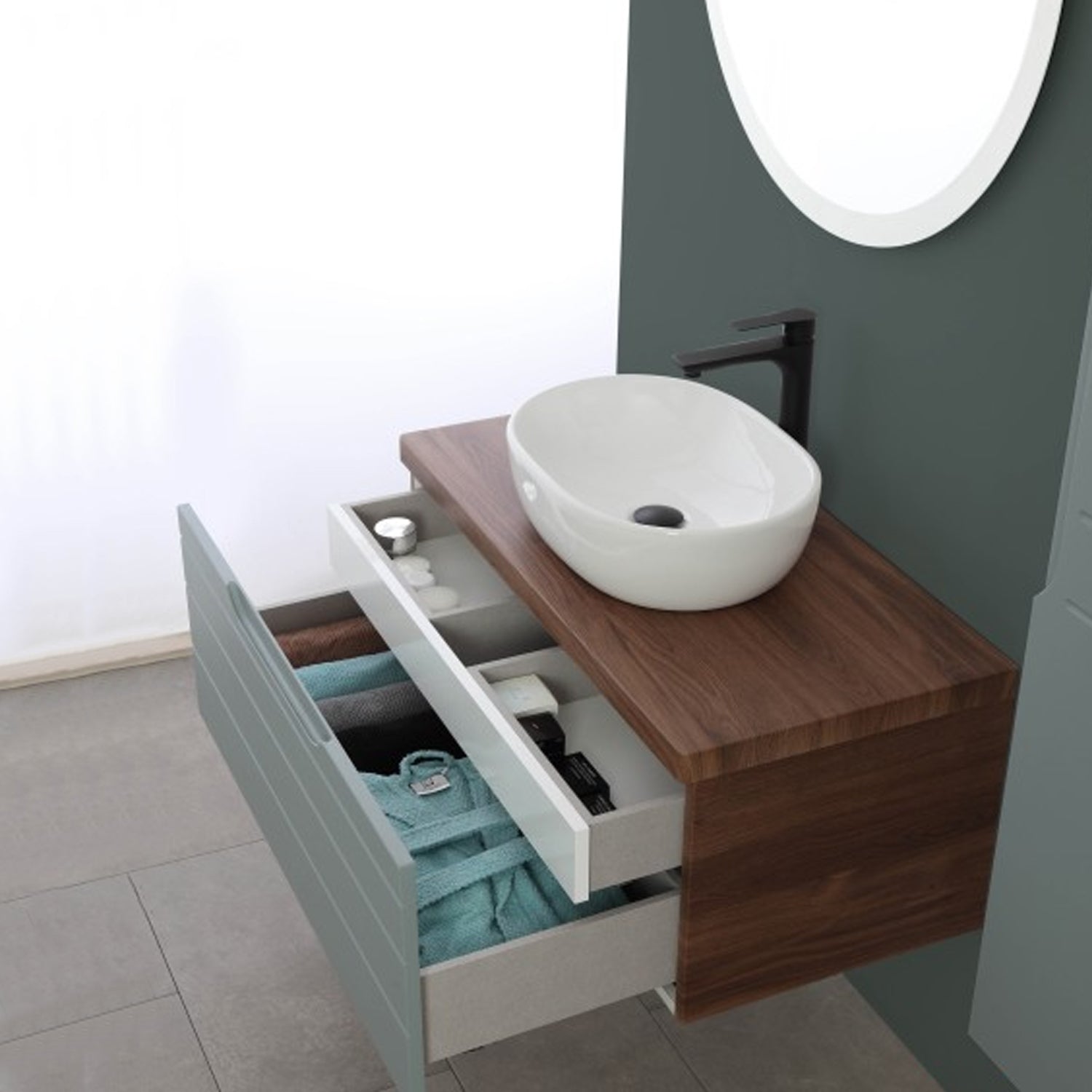 Composizione bagno sospesa Cubi&Co serie Hill 90 cm con lavabo in ceramica e specchio tondo - Verde salvia 5