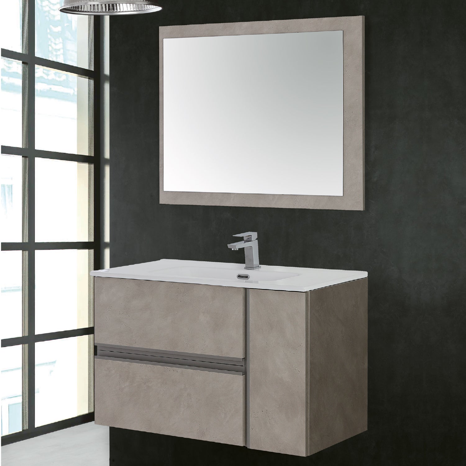 Composizione bagno sospesa Cubi&Co Ossidiana 92 cm con lavabo e specchio - Beton Cenere