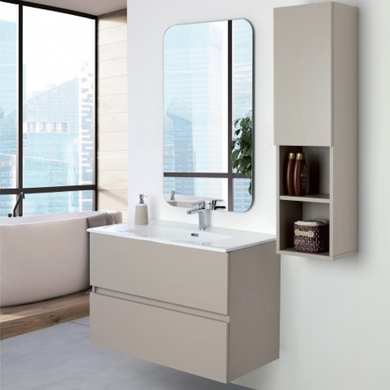 Composizione bagno sospesa Cubi&Co Shade con lavabo e specchio 90 cm - Tortora