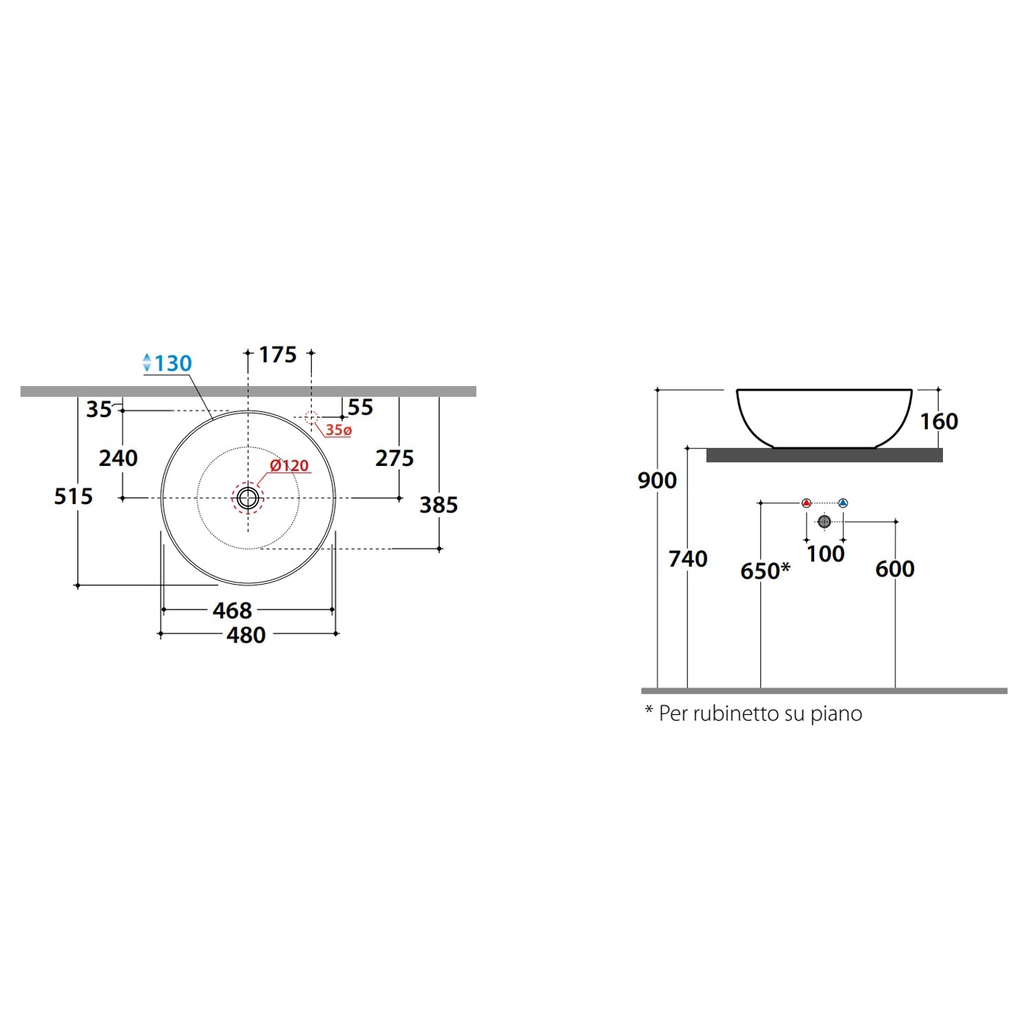  Lavabo tondo Globo T-Edge à˜48x16 cm - Bianco lucido