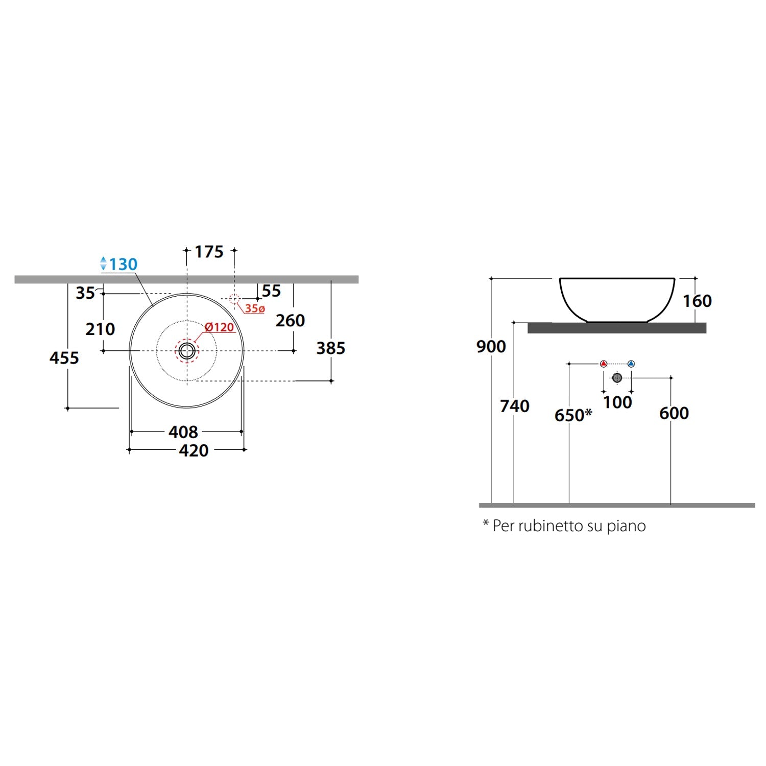  Lavabo tondo Globo T-Edge à˜42x16 cm - Bianco lucido