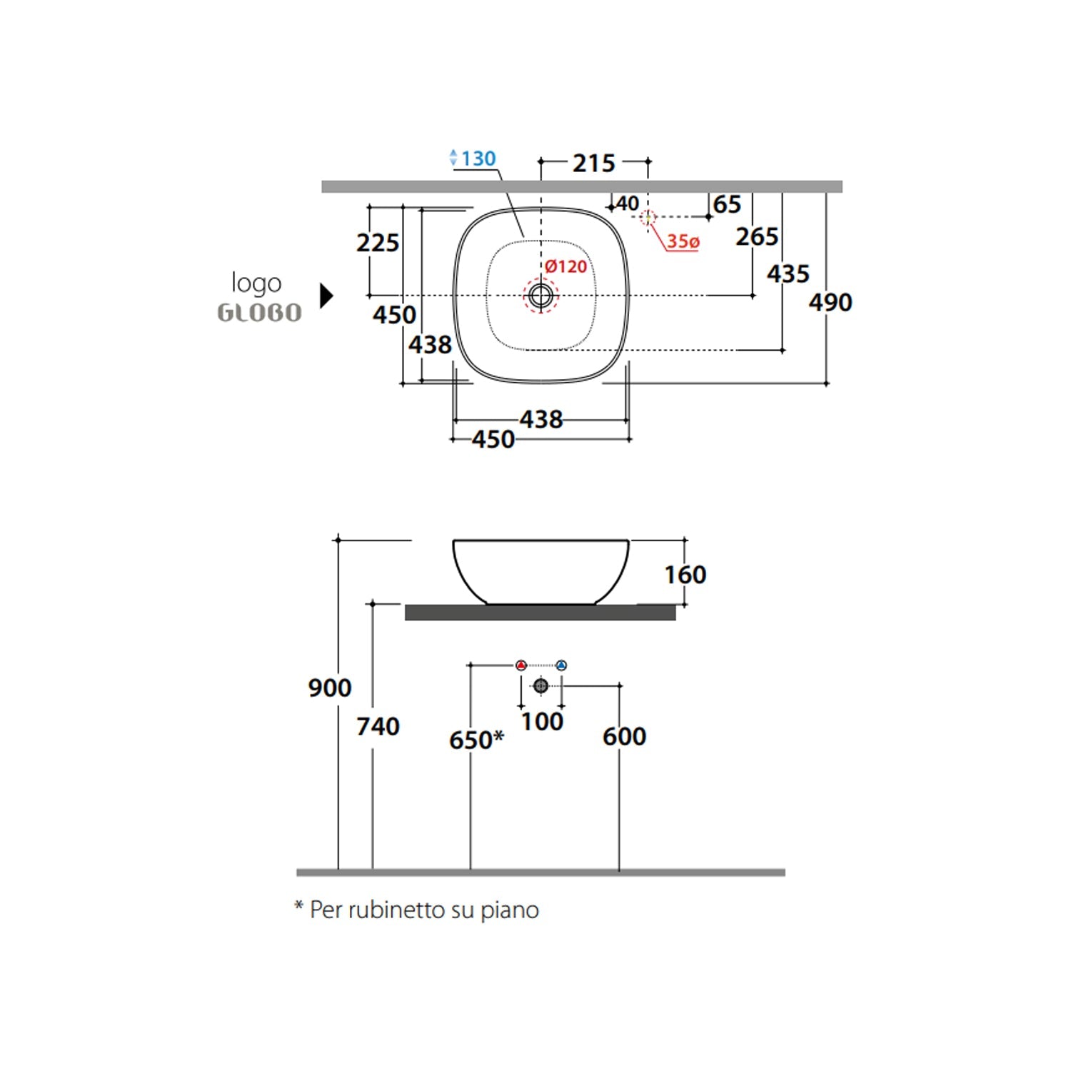  Lavabo da appoggio T-Edge 45x45 cm Ceramica Globo - Bianco lucido