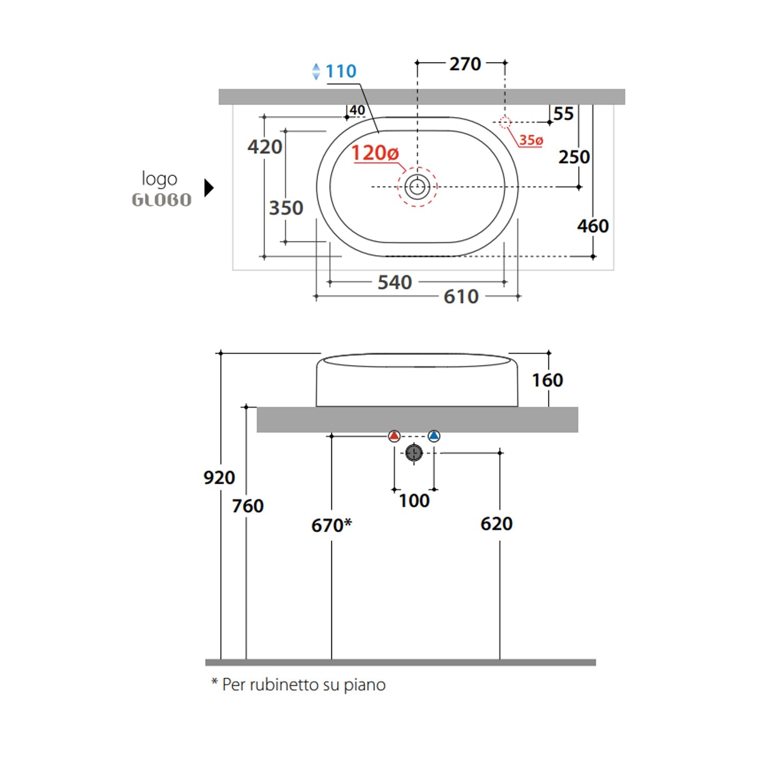  Lavabo da appoggio modello Lalita 61x42x16 cm Ceramica Globo - Bianco lucido