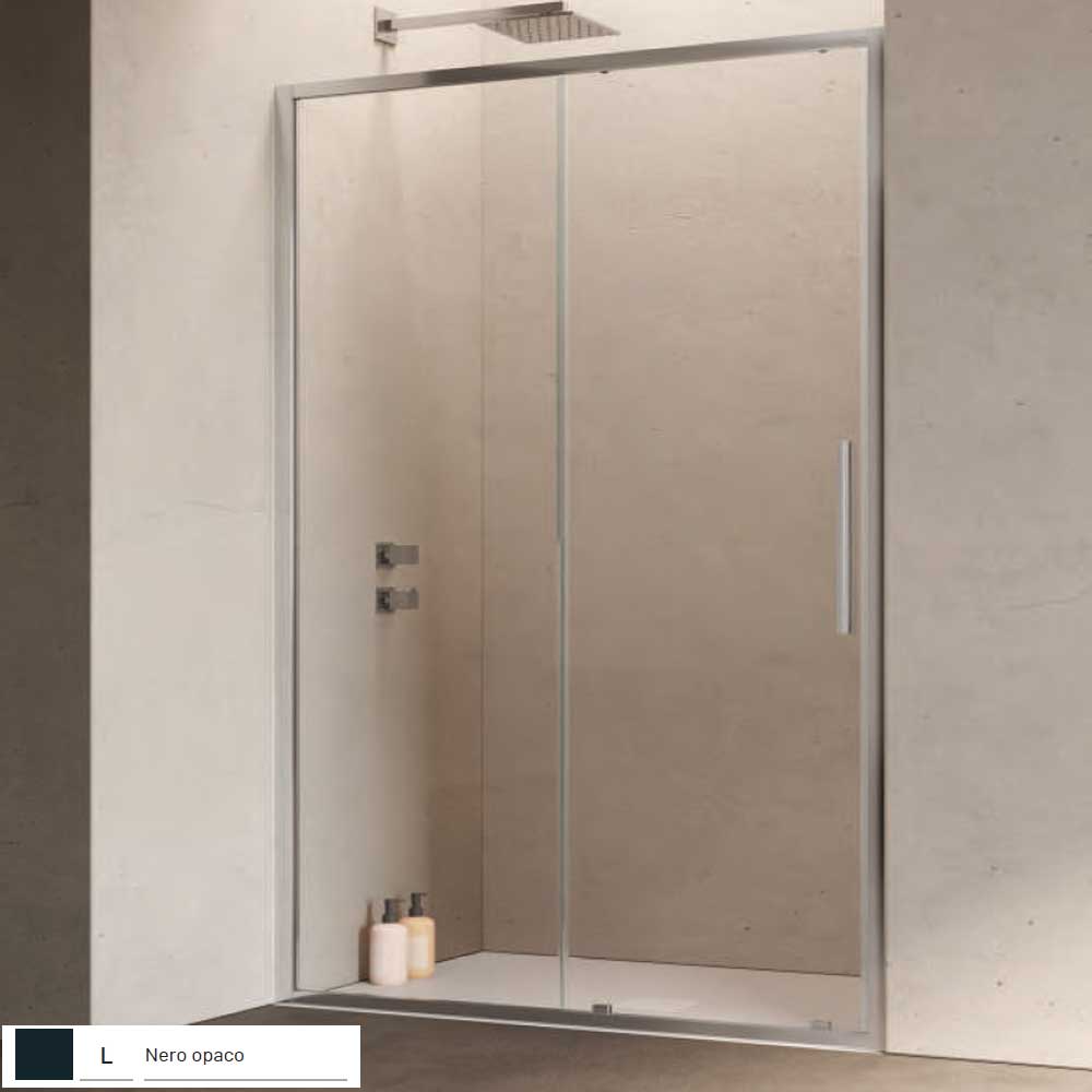 Porta doccia con Apertura scorrevole da cm 140 con Profilo in Alluminio Nero e Cristallo 6 mm Trasparente Anticalcare Hexa by SAMO
