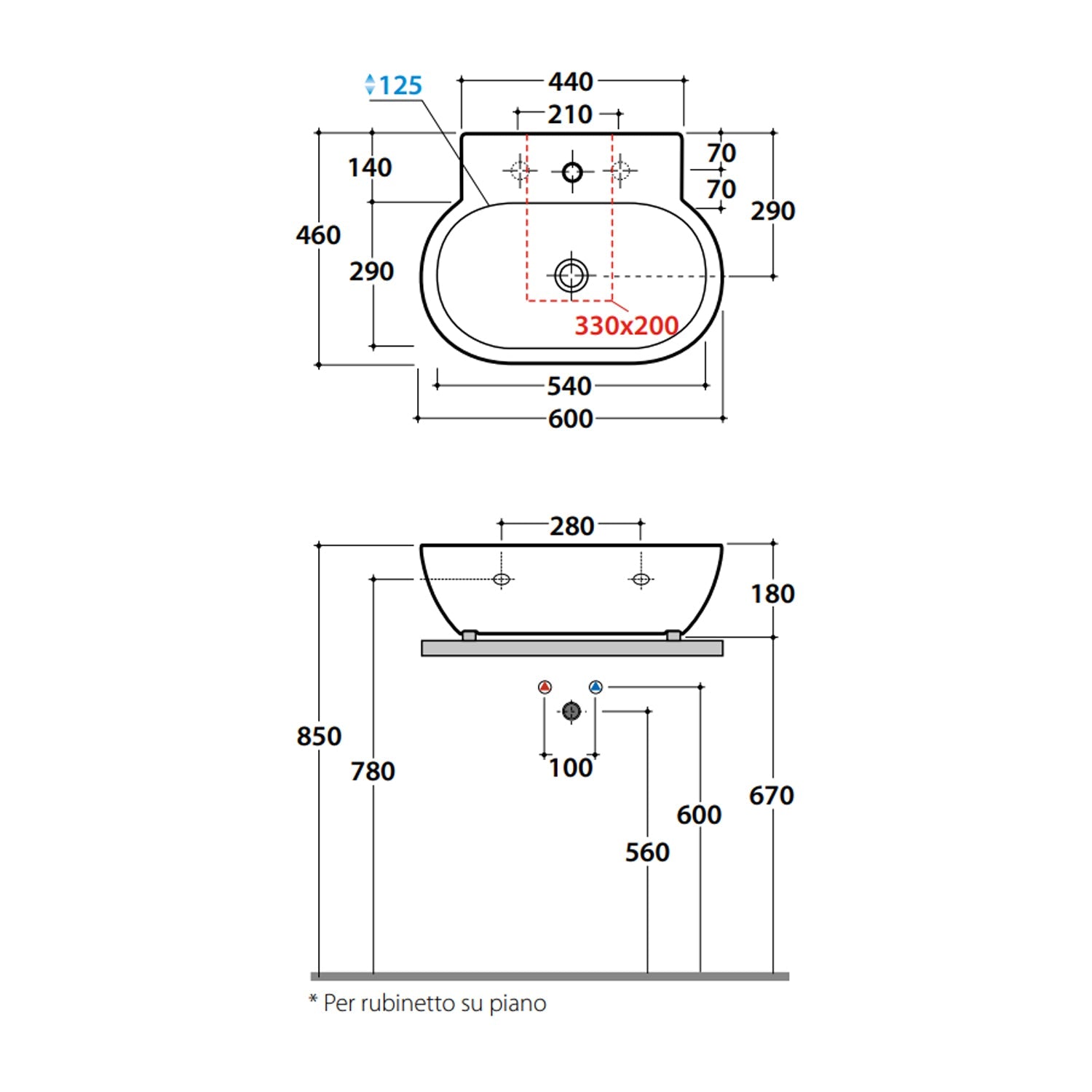  Lavabo da appoggio o sospeso modello Bowl+ 60x46x16 cm Ceramica Globo - Bianco lucido