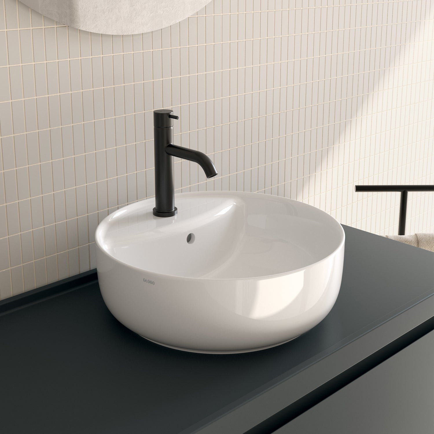  Lavabo rotondo da appoggio Koi à¸42x14 cm Ceramica Globo con foro rubinetteria - Bianco lucido