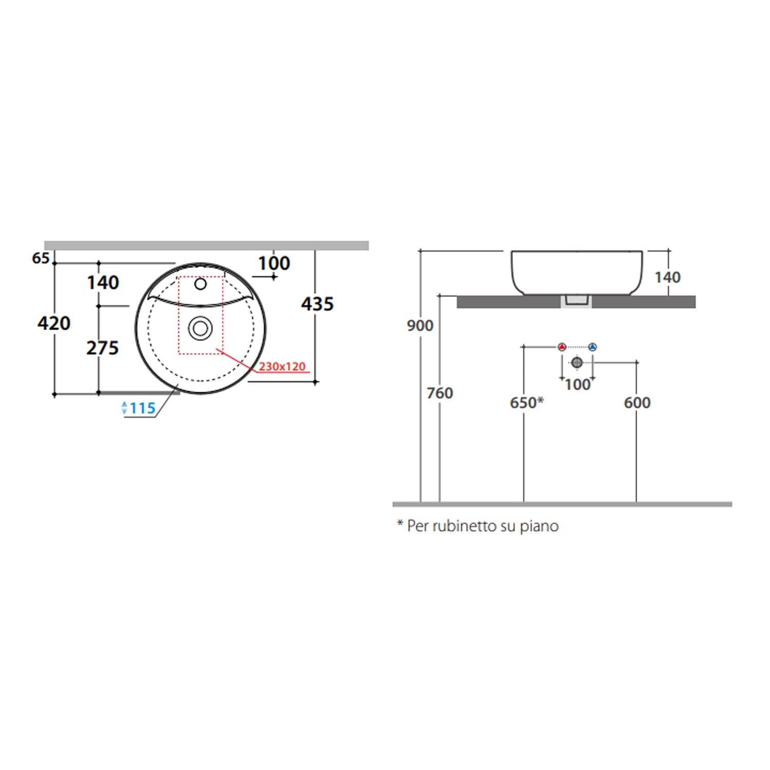  Lavabo rotondo da appoggio Koi à¸42x14 cm Ceramica Globo con foro rubinetteria - Bianco lucido