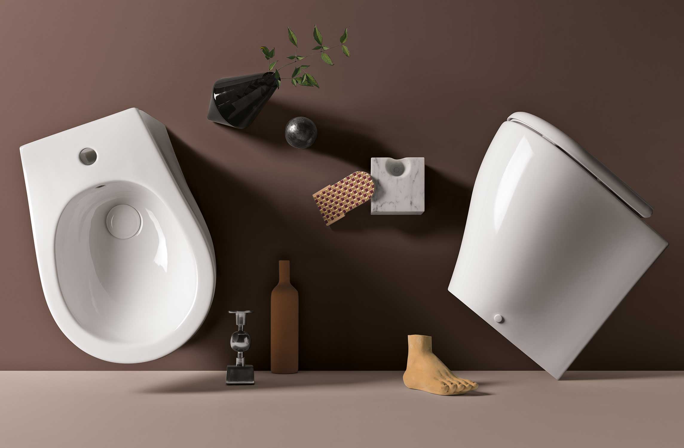  Sanitari a terra filo parete Axa collezione Avani wc senza brida + bidet + sedile soft close