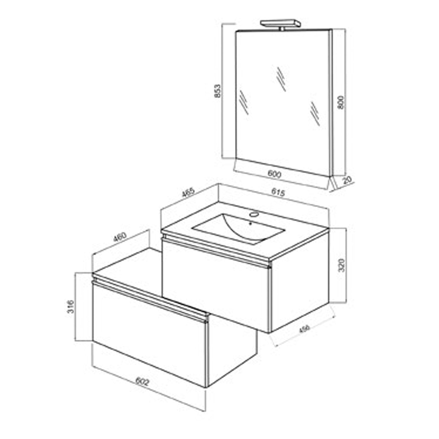  Mobile bagno sospeso a due cassetti con lavabo
