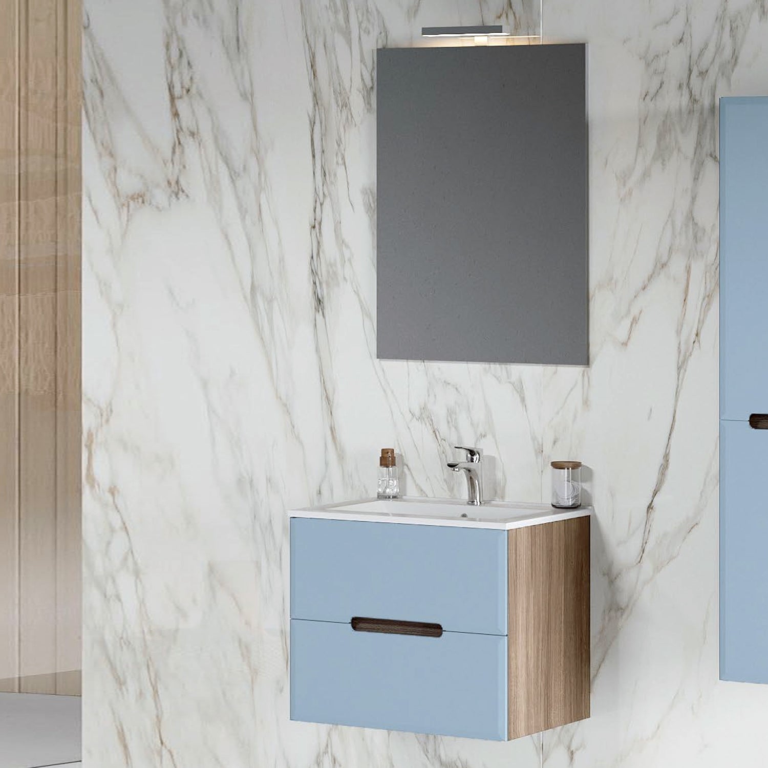 Mobile bagno a due cassetti con lavabo in ceramica specchio e lampada cm 60 Blu Pastello Opaco - Cubi&Co modello Fluid 1 by CeramicStore | Lo specialista del tuo bagno