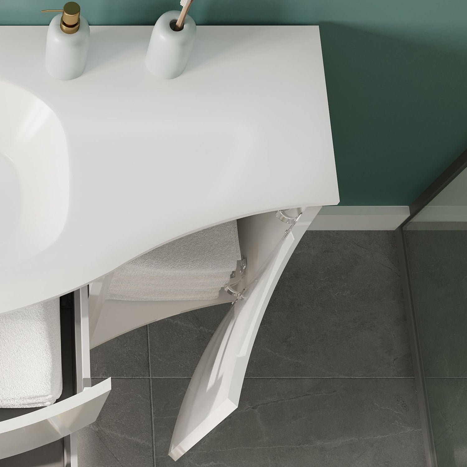  Mobile bagno a due cassetti e 1 anta con lavabo in resina specchio e lampada cm 105 Bianco Lucido - Cubi&Co modello Onde 1 by CeramicStore | Lo specialista del tuo bagno