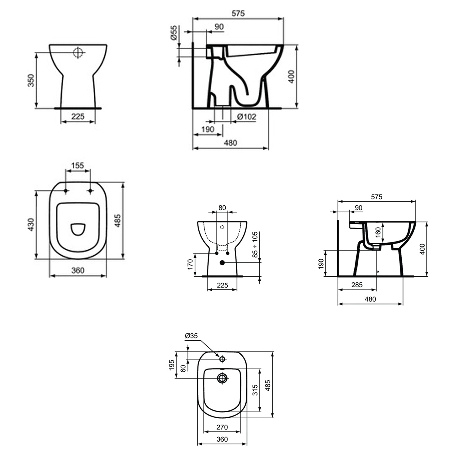  Sanitari distanziati da parete con sedile a chiusura tradizionale collezione Life Ideal Standard- scarico a terra
