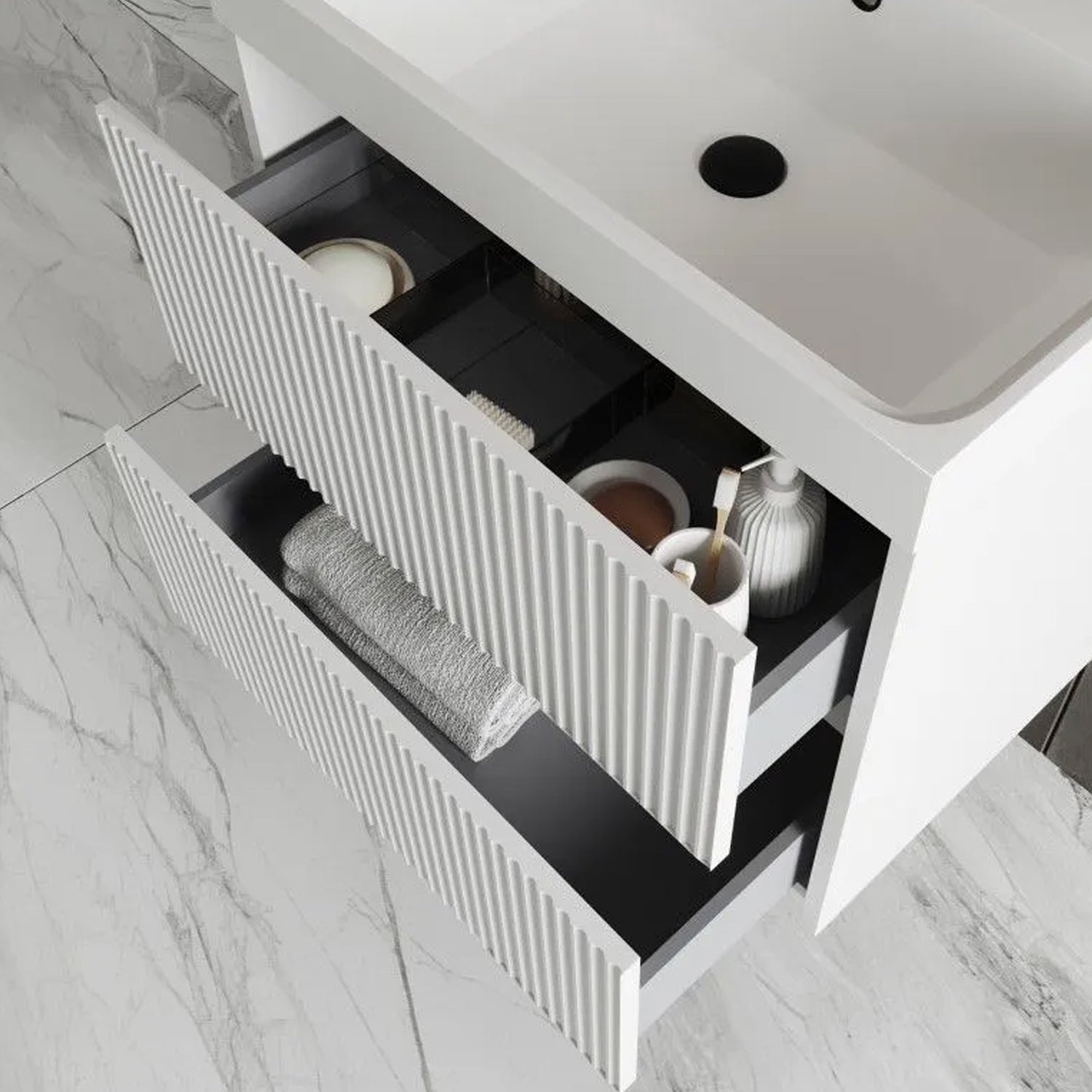  Mobile bagno sospeso cannettato con lavabo e specchio tondo cm 60 colore bianco opaco - Cubi&Co Collezione Pure by CeramicStore | Lo specialista del tuo bagno