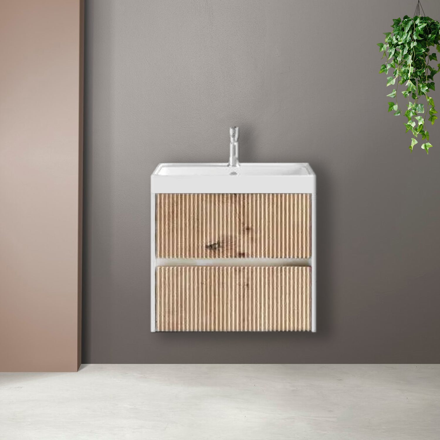  Mobile bagno sospeso cannettato con lavabo e specchio tondo cm 60 colore rovere oro - Cubi&Co Collezione Pure by CeramicStore | Lo specialista del tuo bagno