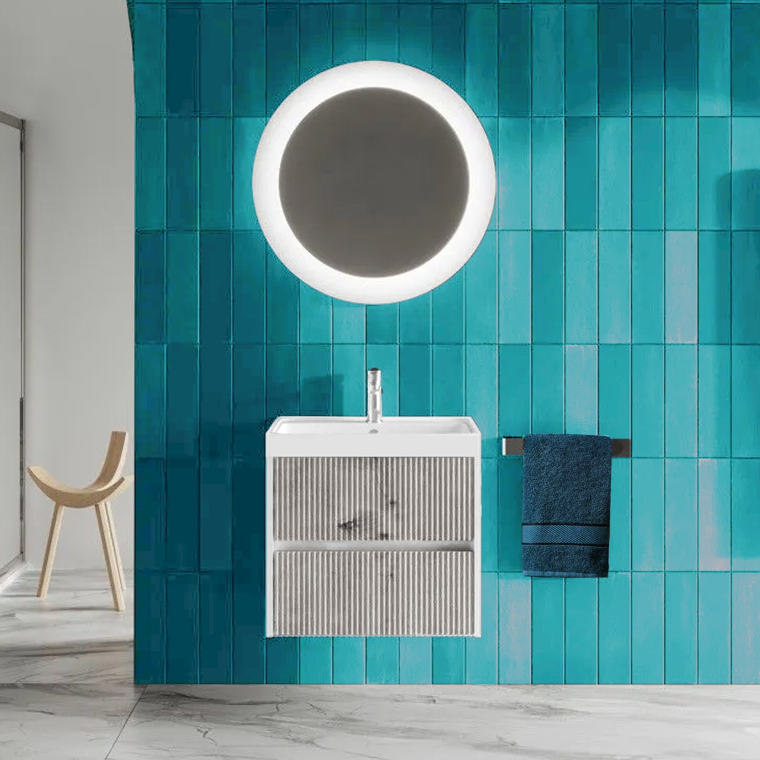 Mobile bagno sospeso cannettato con lavabo e specchio tondo cm 60 colore grigio antico - Cubi&Co Collezione Pure by CeramicStore | Lo specialista del tuo bagno