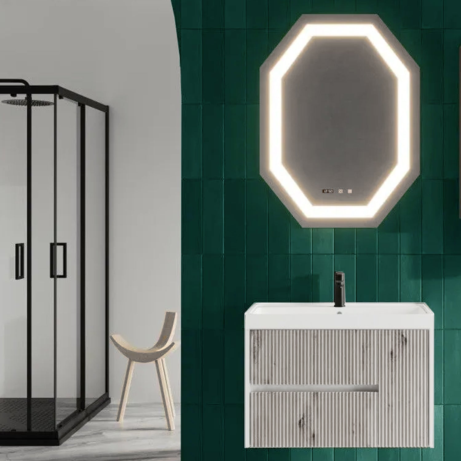 Mobile bagno sospeso cannettato con lavabo e specchio ottagonale cm 80 colore grigio antico - Cubi&Co Collezione Pure by CeramicStore | Lo specialista del tuo bagno